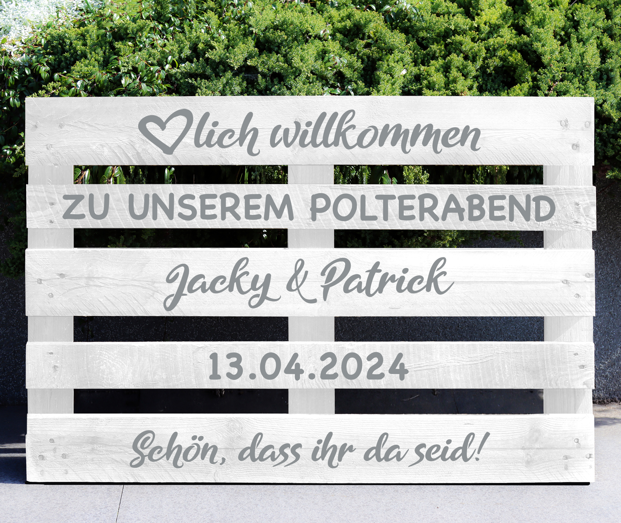 Palettenaufkleber "Polterabend - Jacky" / personalisiert mit Vornamen und Datum
