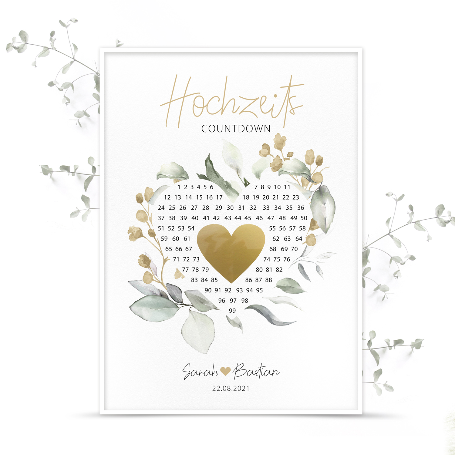 Poster Countdown mit Rubbelherz "Gold"