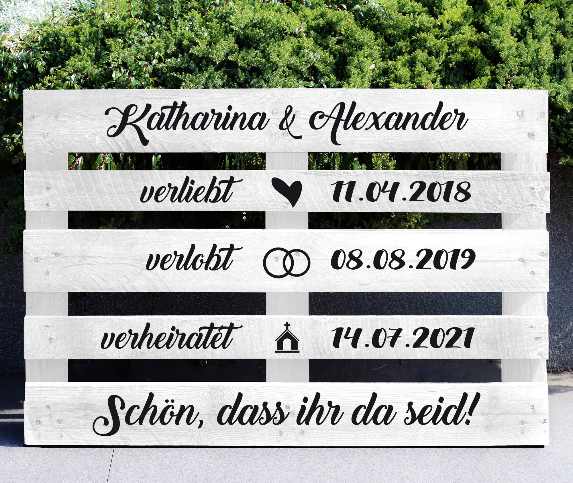 Palettenaufkleber "verliebt - verlobt - verheiratet"