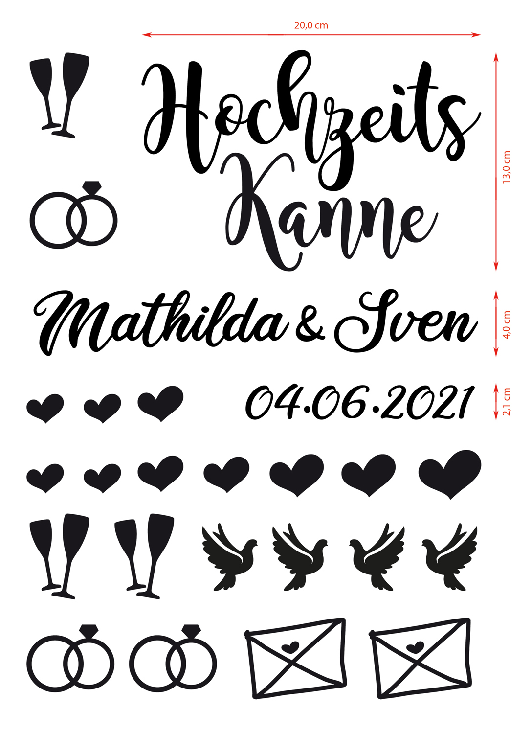 Aufkleber-Set "Hochzeitskanne" - 25-tlg., personalisiert in 5 Farben
