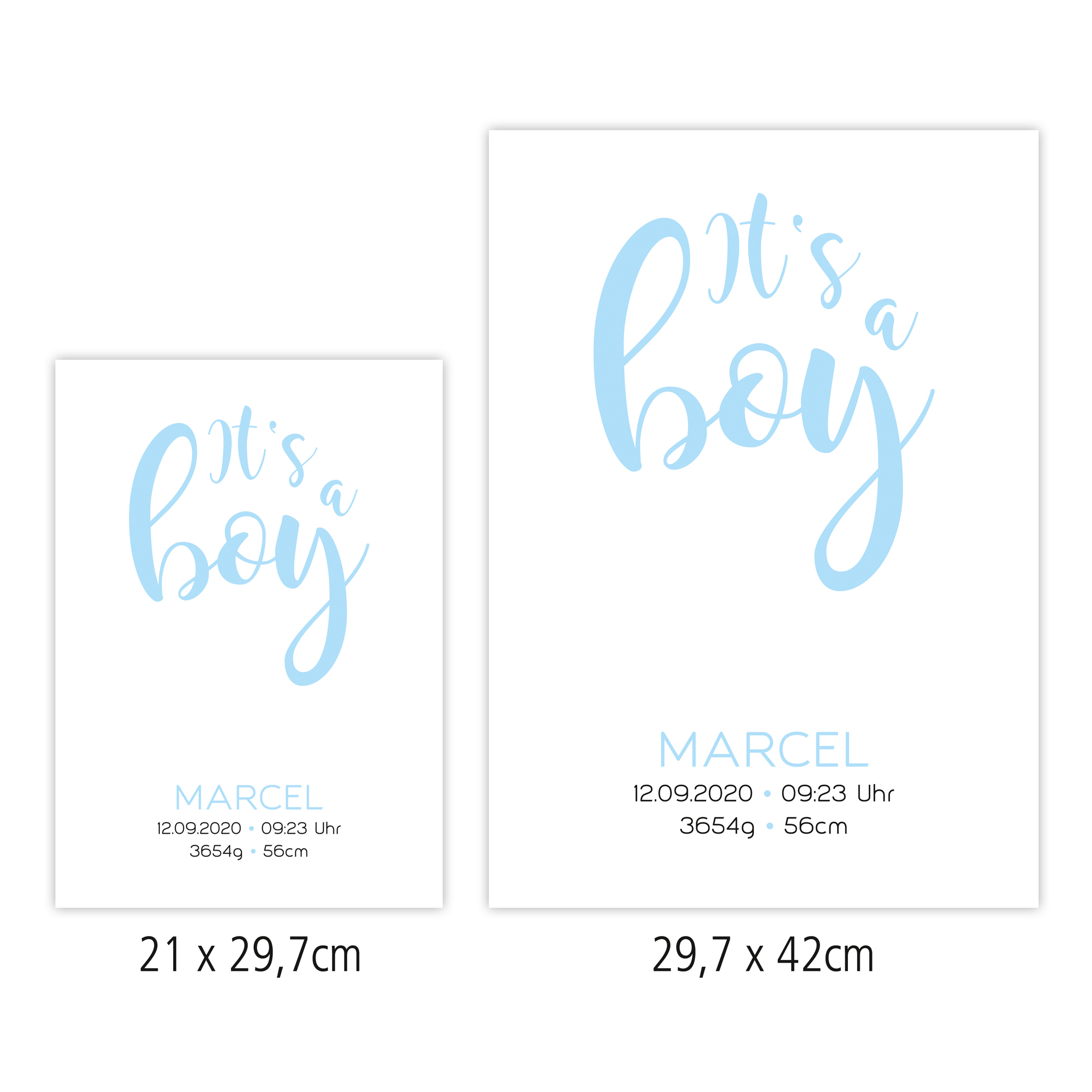 Geburtsposter "It's a boy" - Hand- u. Fußabdruck, personalisiert in 2 Größen