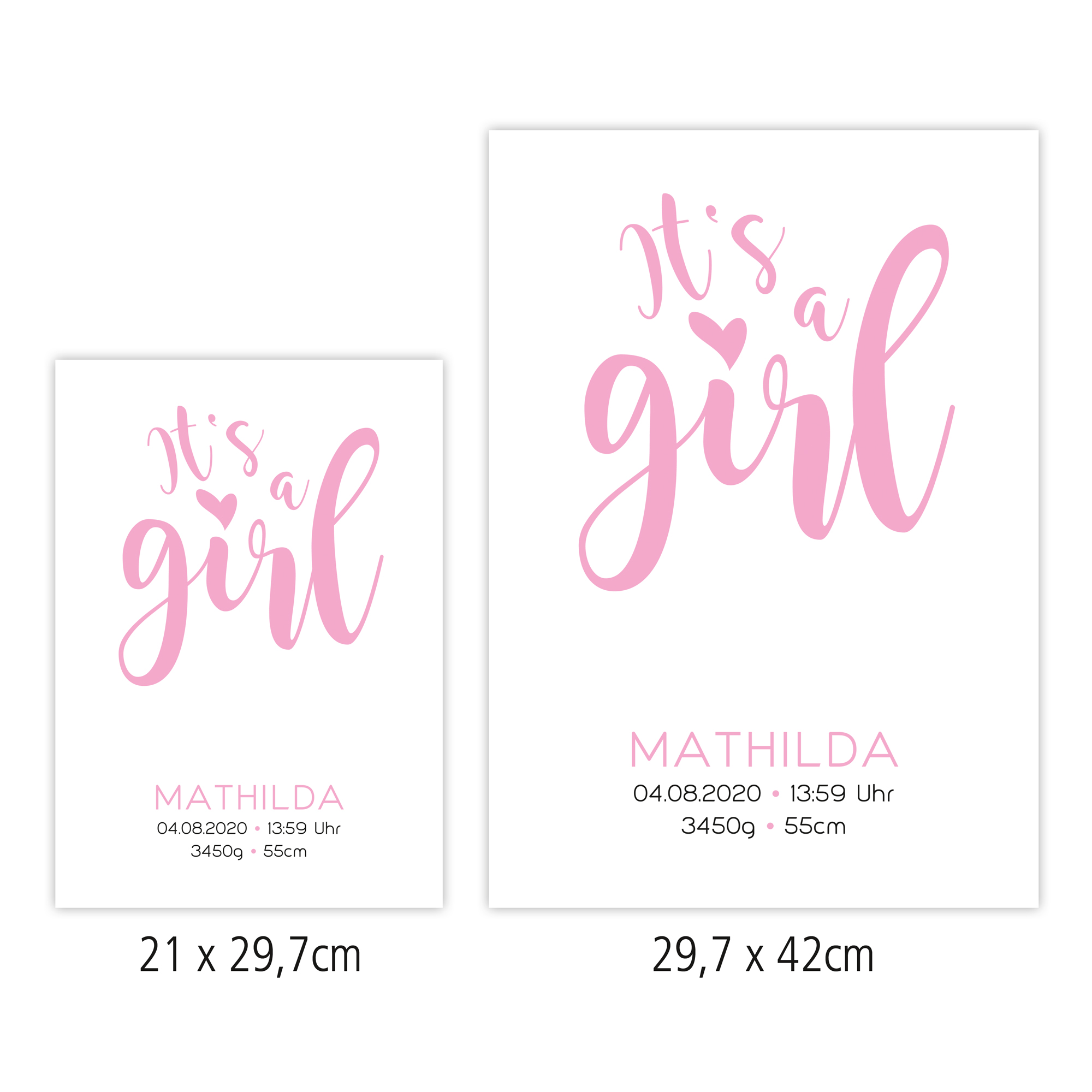 Geburtsposter "It's a girl" - Hand- u. Fußabdruck, personalisiert in 2 Größen