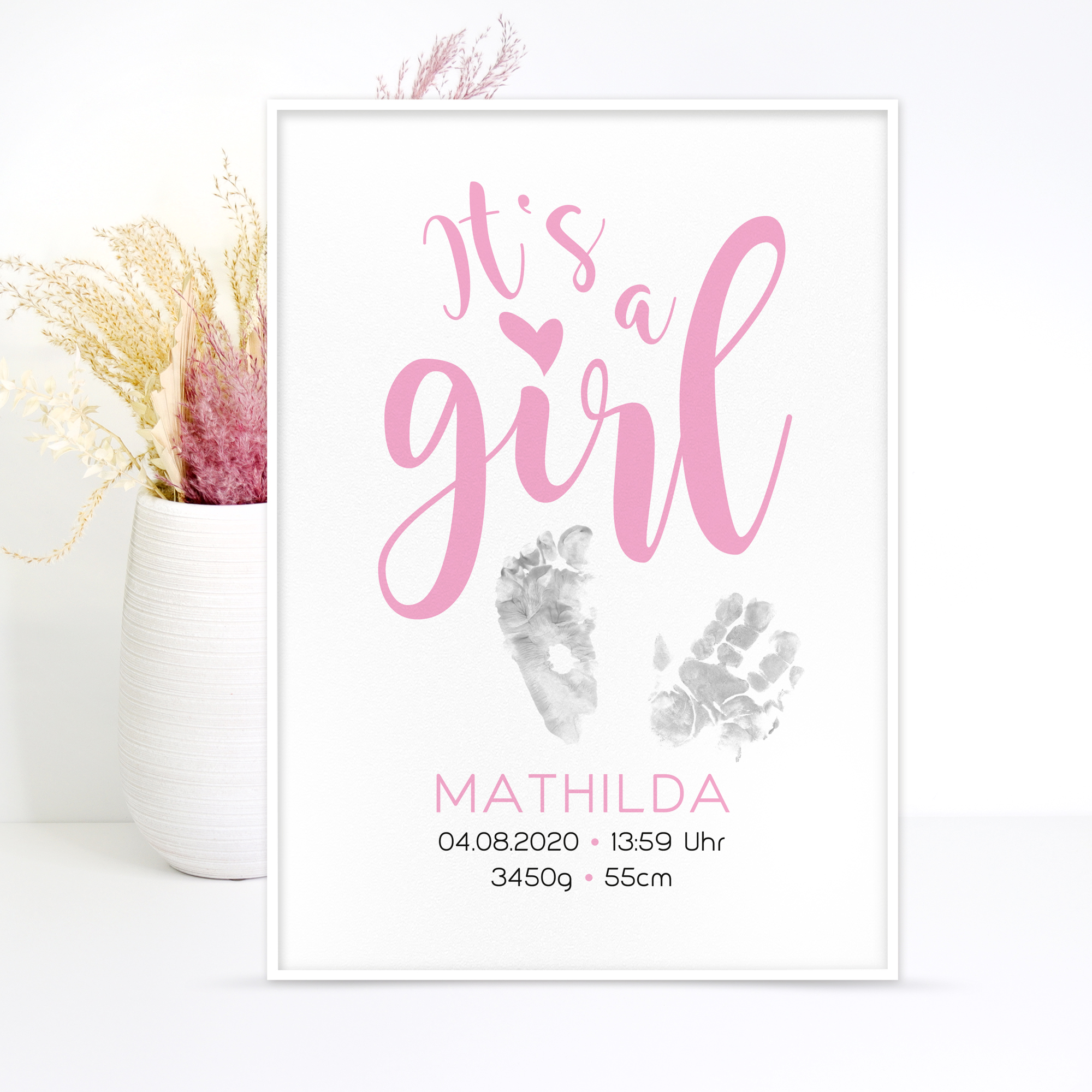 Geburtsposter "It's a girl" - Hand- u. Fußabdruck, personalisiert in 2 Größen