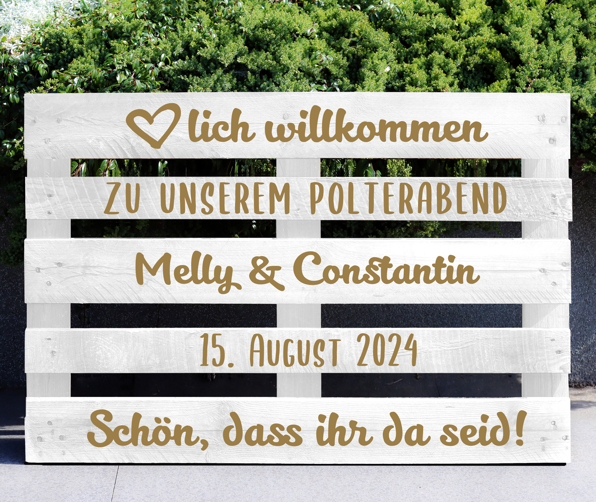 Palettenaufkleber "Polterabend - Melly" / personalisiert mit Vornamen und Datum