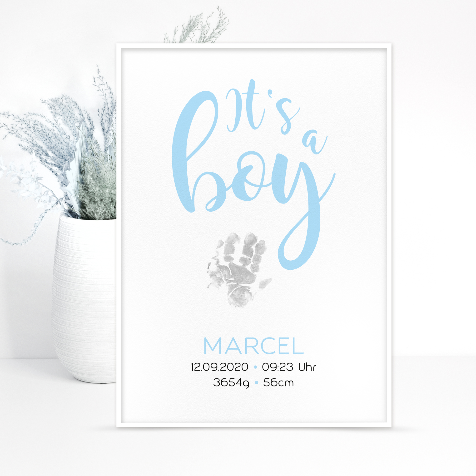 Geburtsposter "It's a boy" - Hand- u. Fußabdruck, personalisiert in 2 Größen