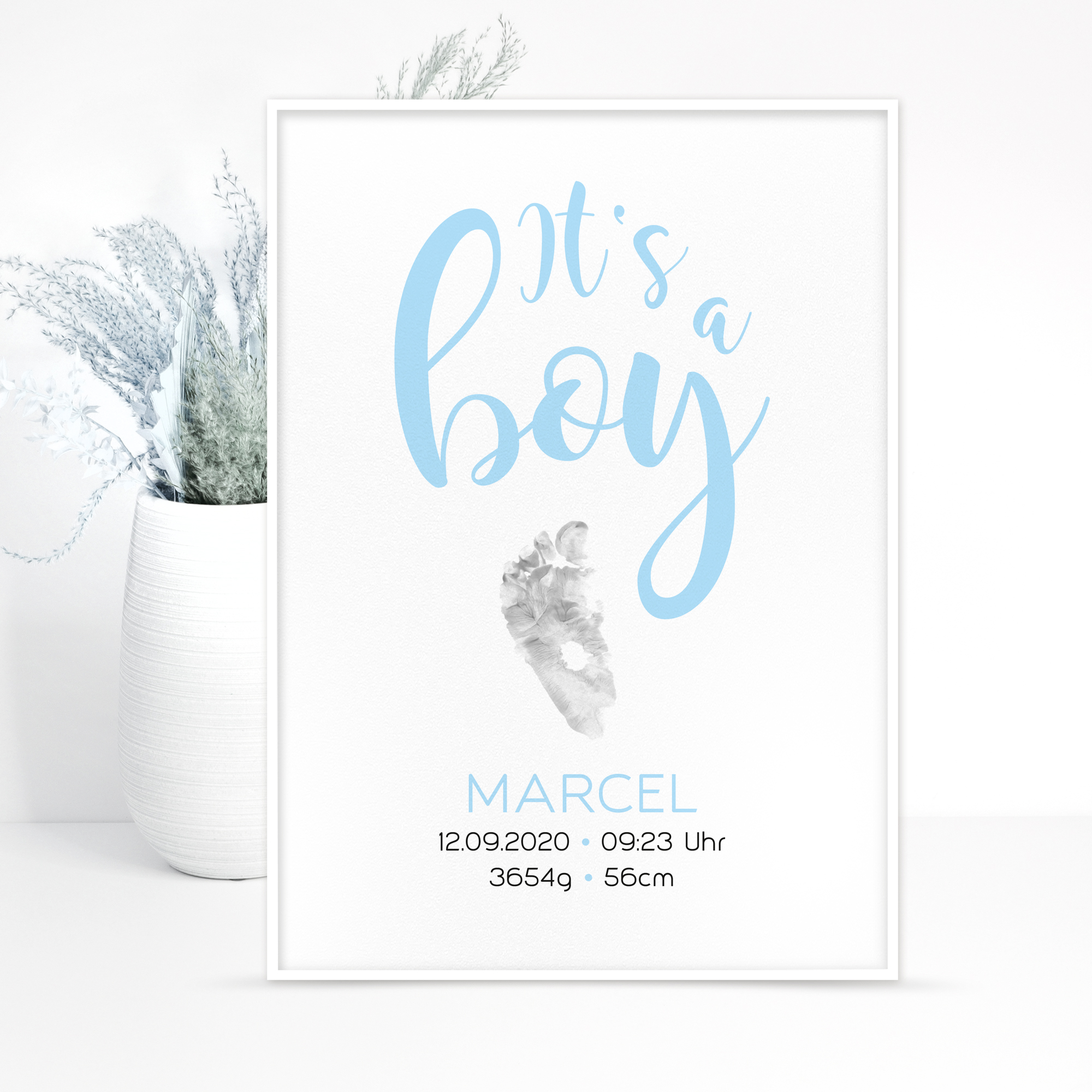 Geburtsposter "It's a boy" - Hand- u. Fußabdruck, personalisiert in 2 Größen