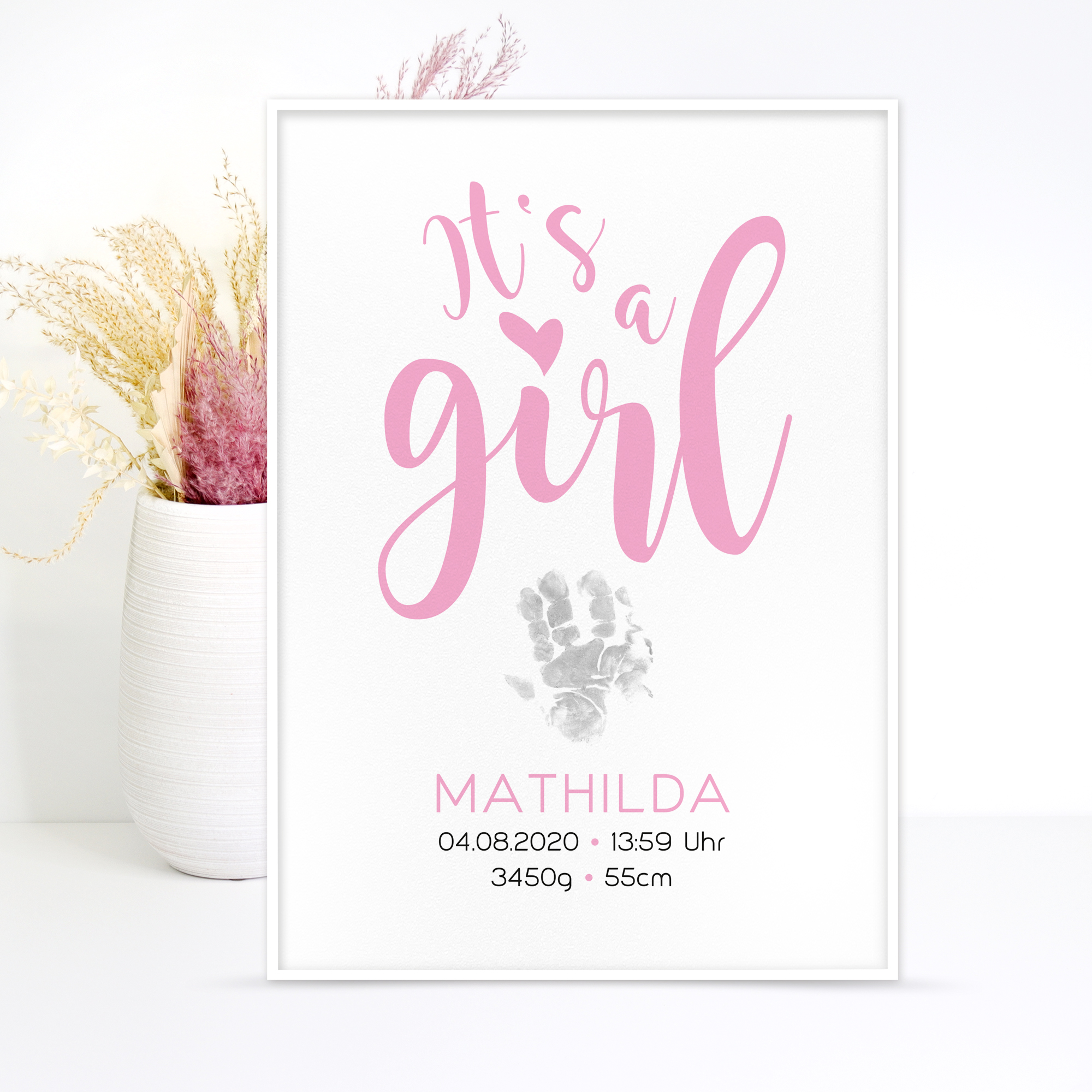 Geburtsposter "It's a girl" - Hand- u. Fußabdruck, personalisiert in 2 Größen