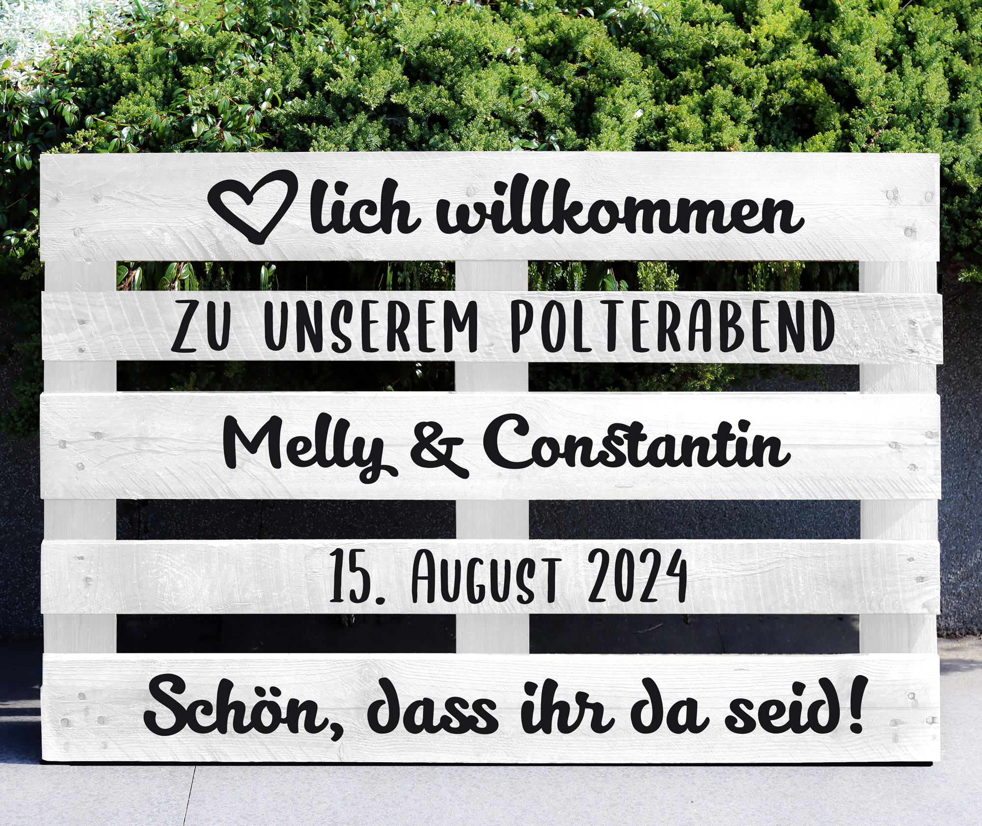Palettenaufkleber "Polterabend - Melly" / personalisiert mit Vornamen und Datum