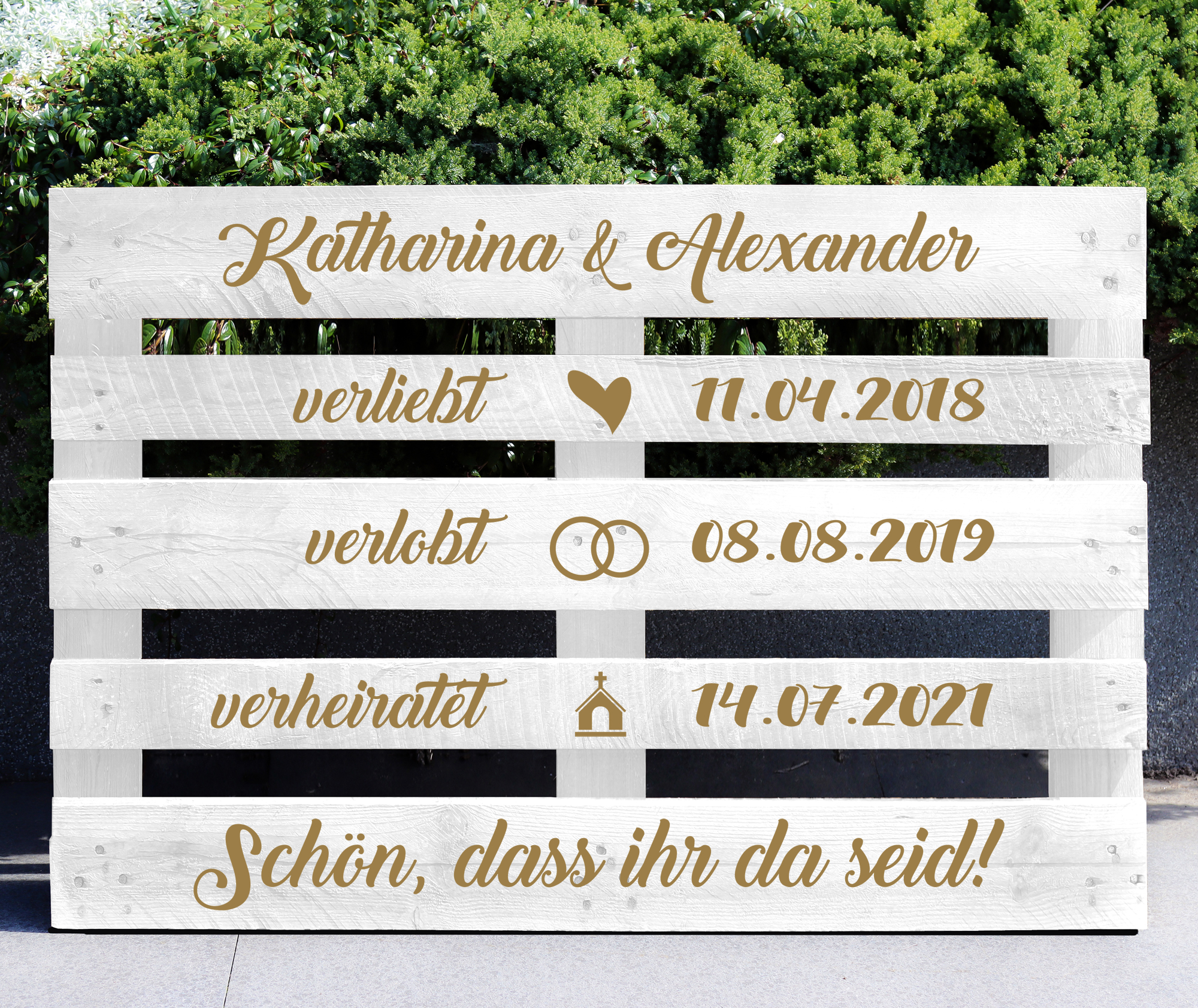 Palettenaufkleber "verliebt - verlobt - verheiratet"