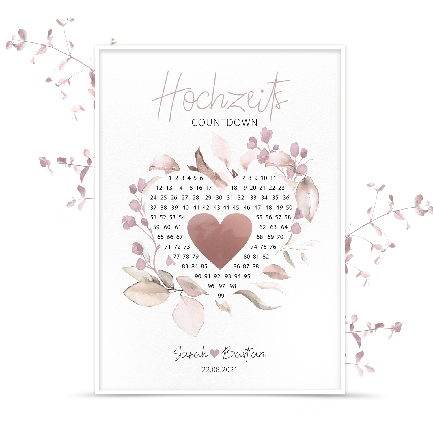 Poster Countdown mit Rubbelherz "Rosé" - personalisiert
