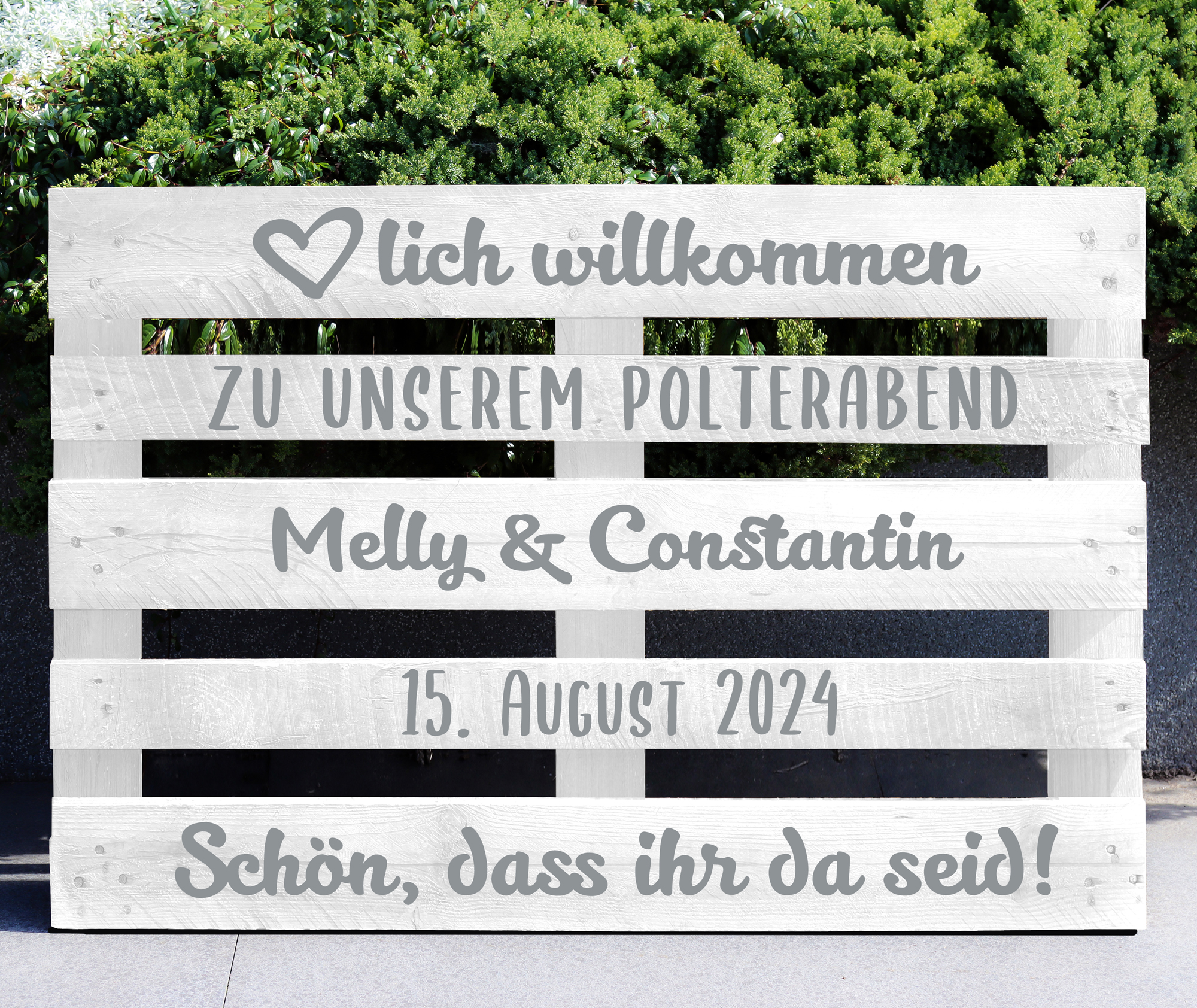 Palettenaufkleber "Polterabend - Melly" / personalisiert mit Vornamen und Datum