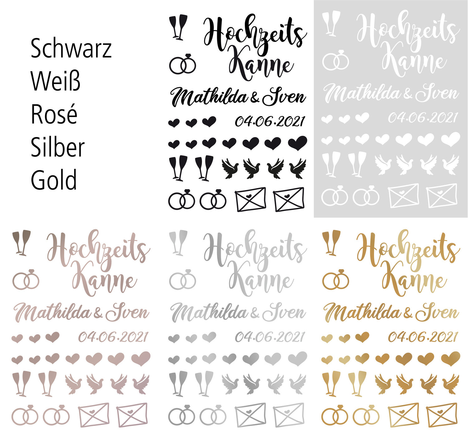 Aufkleber-Set "Hochzeitskanne" - 25-tlg., personalisiert in 5 Farben