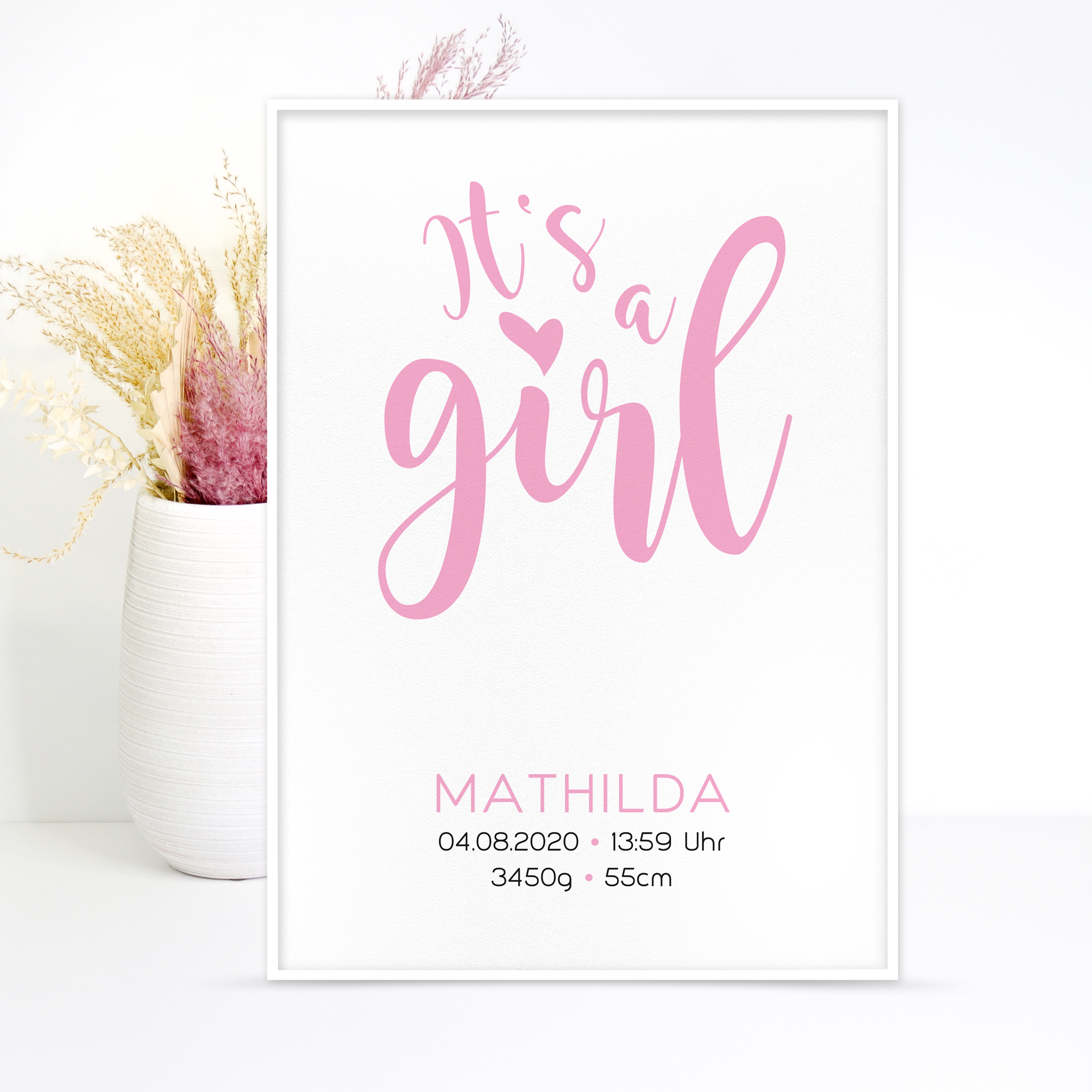 Geburtsposter "It's a girl" - Hand- u. Fußabdruck, personalisiert in 2 Größen