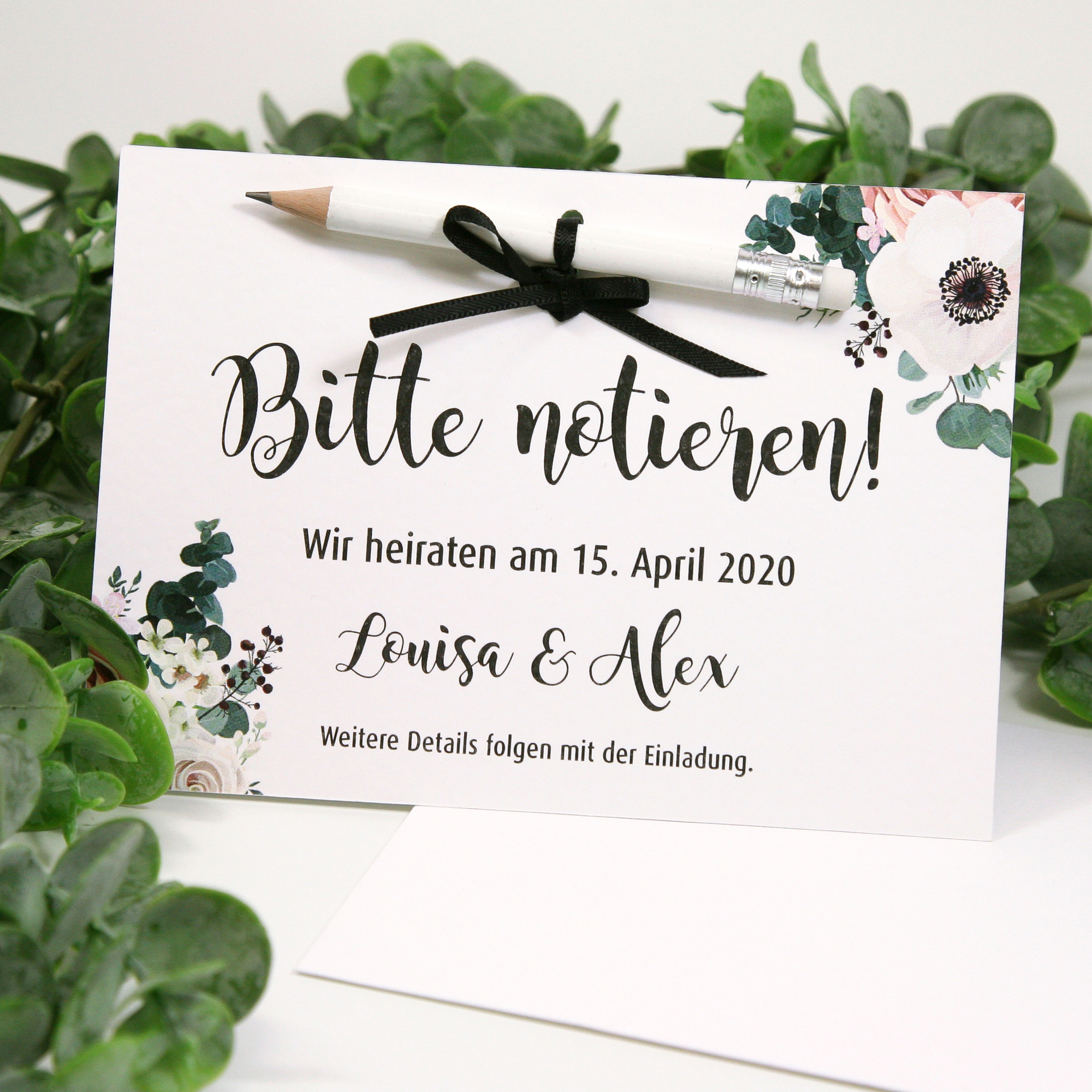 Save the Date Karte "Louisa" (12 St.) - personalisiert mit Bleistift, Dekoband & Umschlag