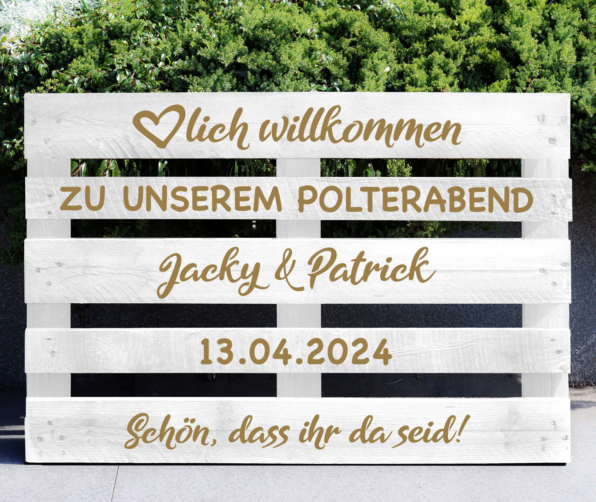 Palettenaufkleber "Polterabend - Jacky" / personalisiert mit Vornamen und Datum