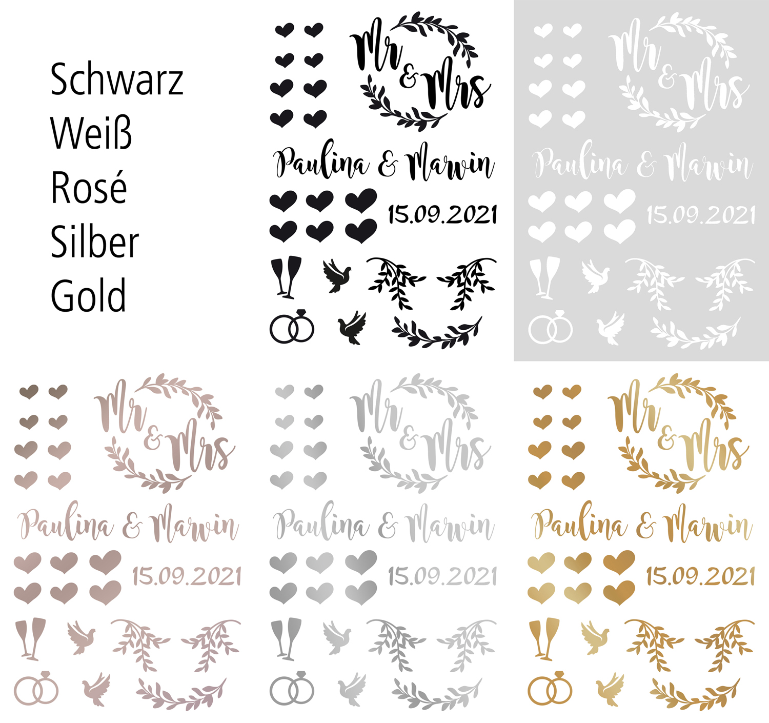 Aufkleber-Set "Mr & Mrs" - 24-tlg., personalisiert in 5 Farben