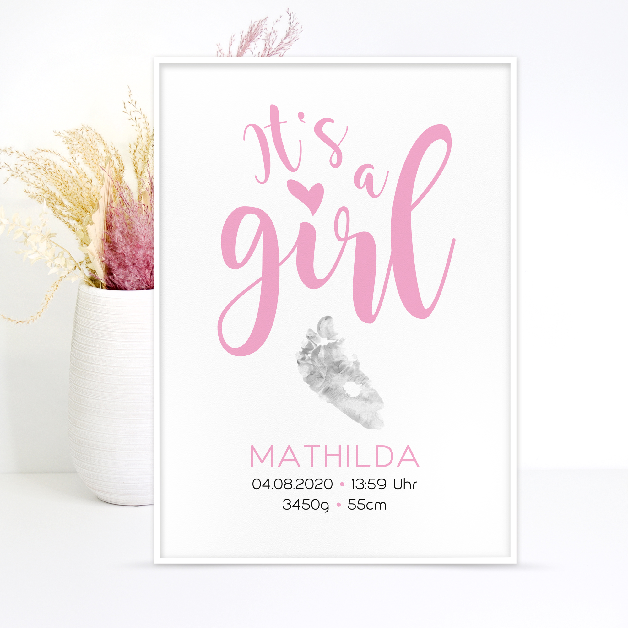 Geburtsposter "It's a girl" - Hand- u. Fußabdruck, personalisiert in 2 Größen