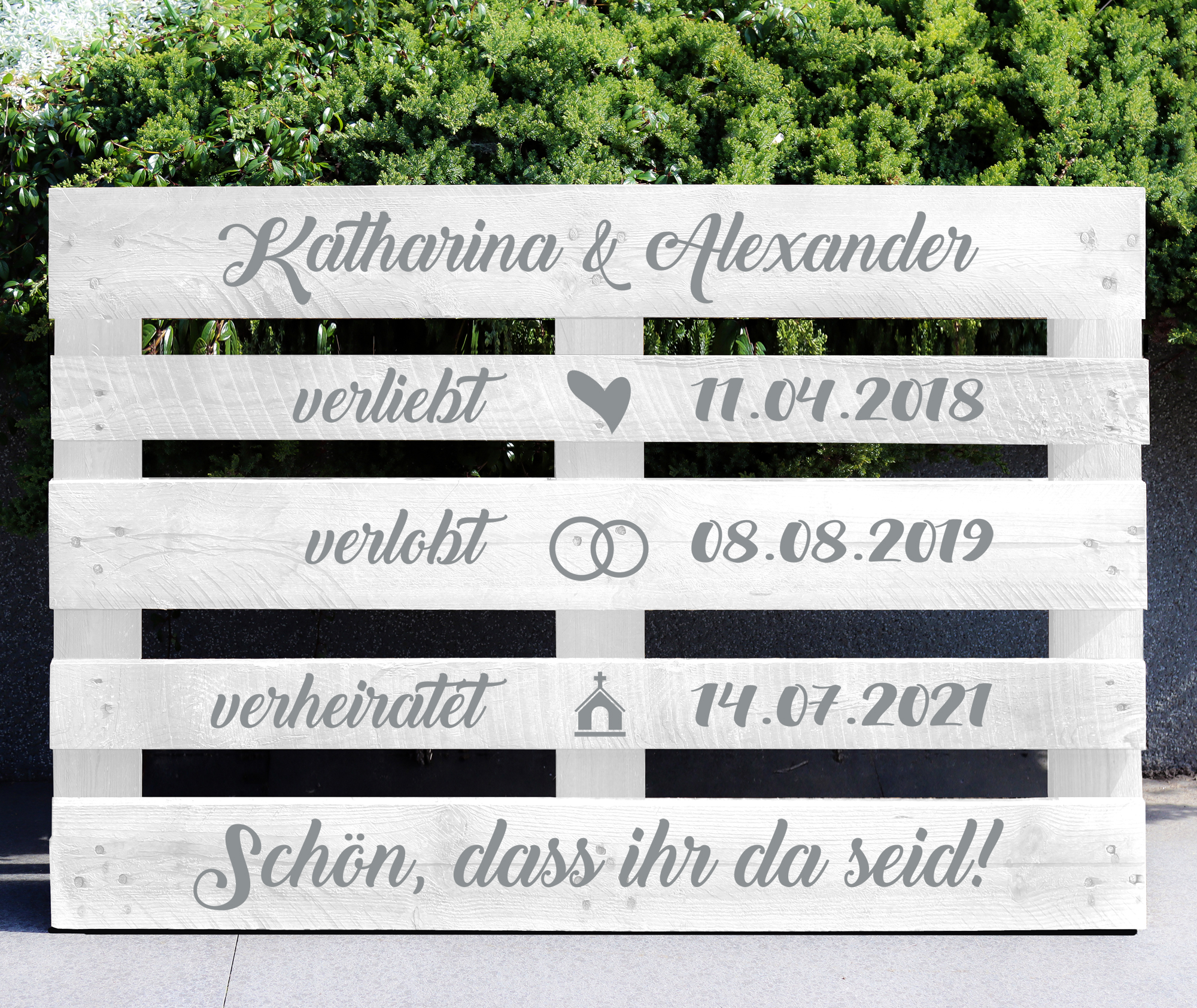 Palettenaufkleber "verliebt - verlobt - verheiratet"