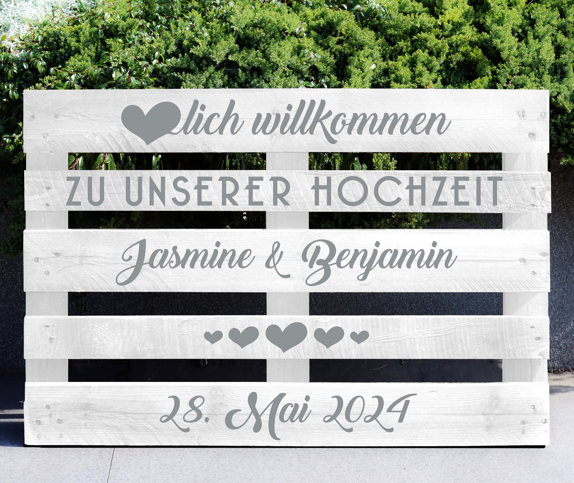 Palettenaufkleber "Hochzeit mit Herzen"