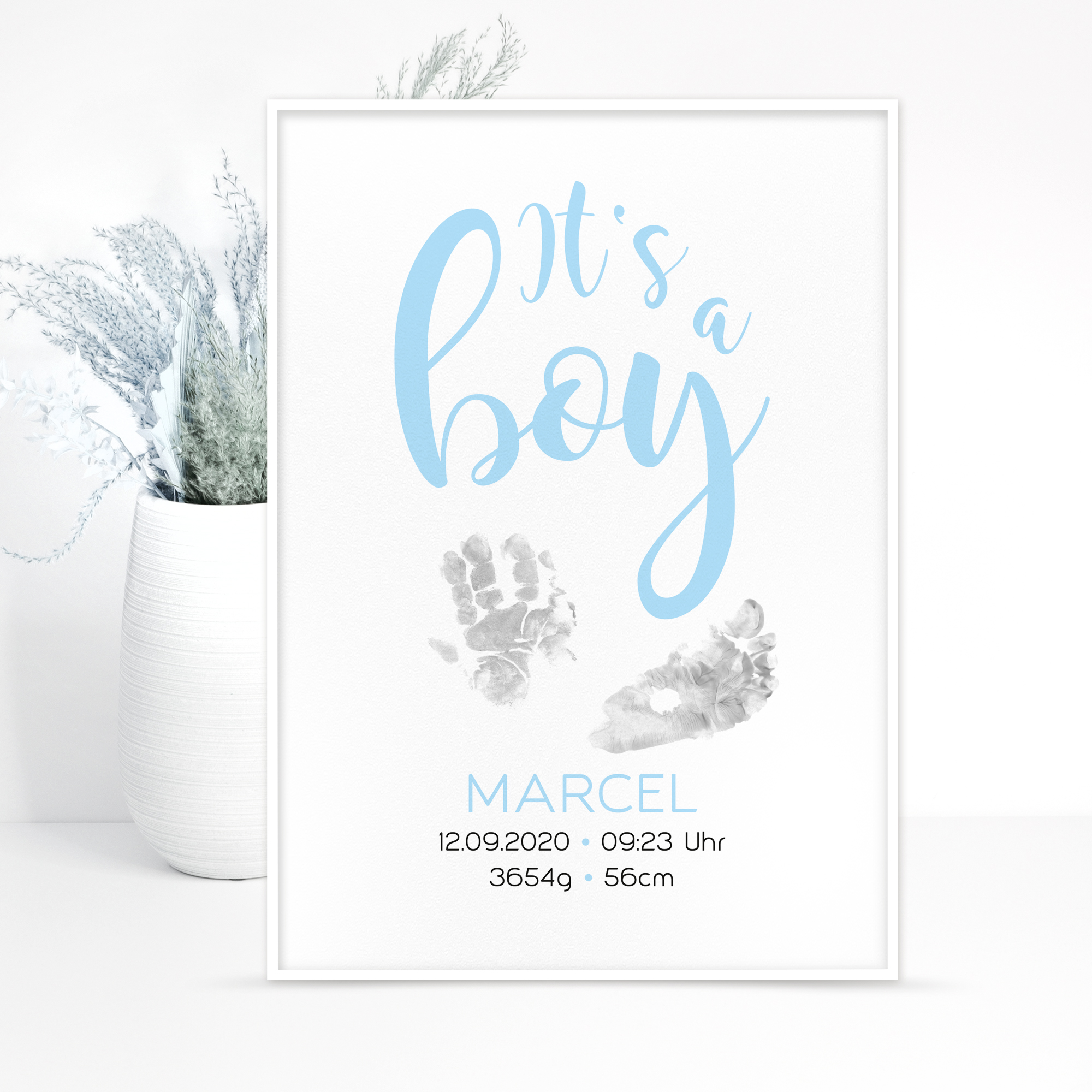 Geburtsposter "It's a boy" - Hand- u. Fußabdruck, personalisiert in 2 Größen