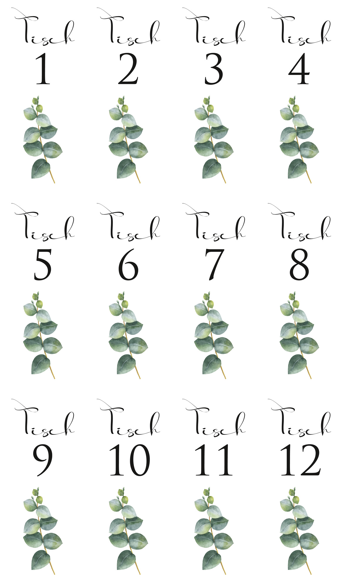 Tischnummer "Eukalyptus" Glasdeko (Nr. 1-12)