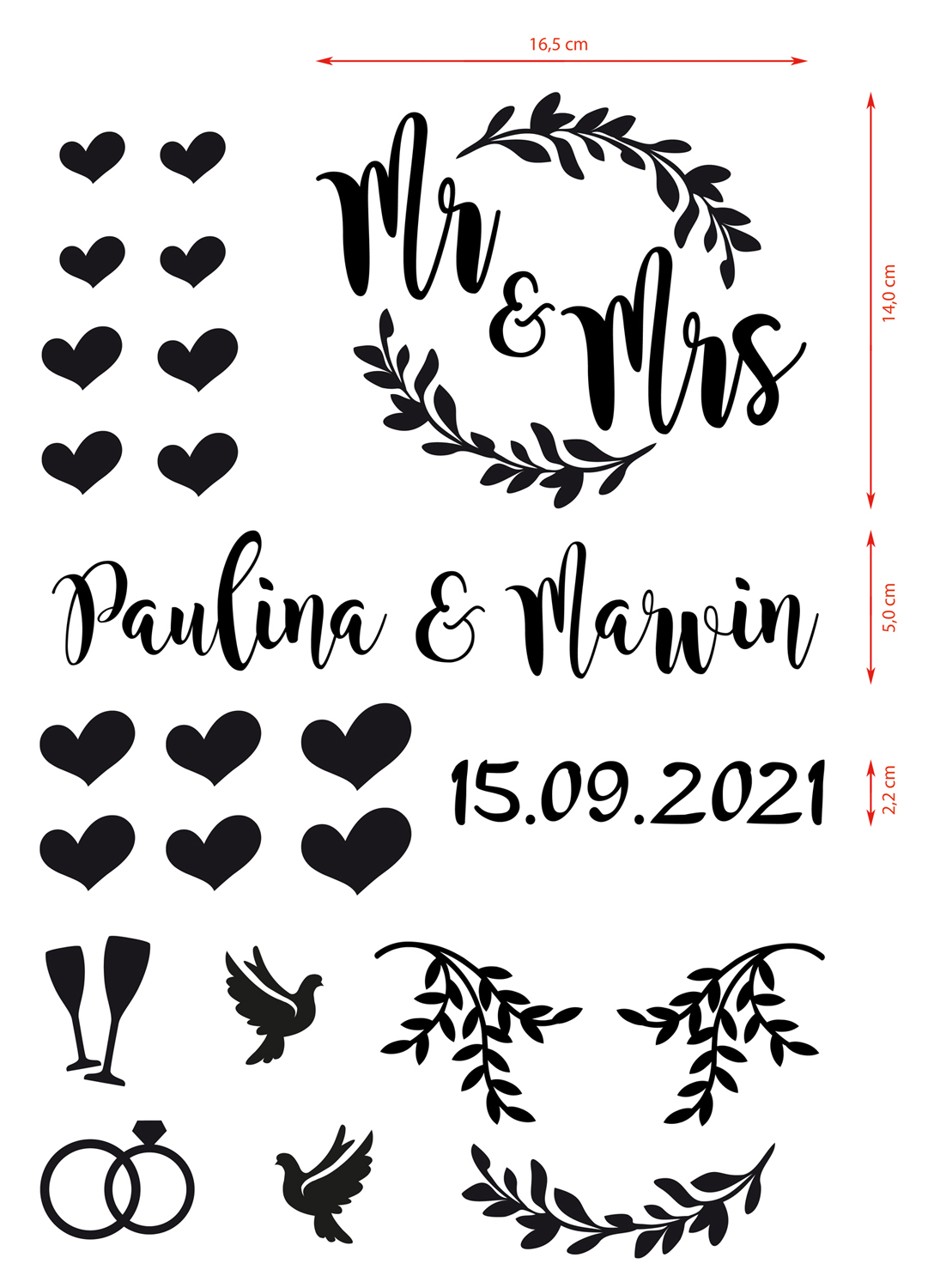 Aufkleber-Set "Mr & Mrs" - 24-tlg., personalisiert in 5 Farben